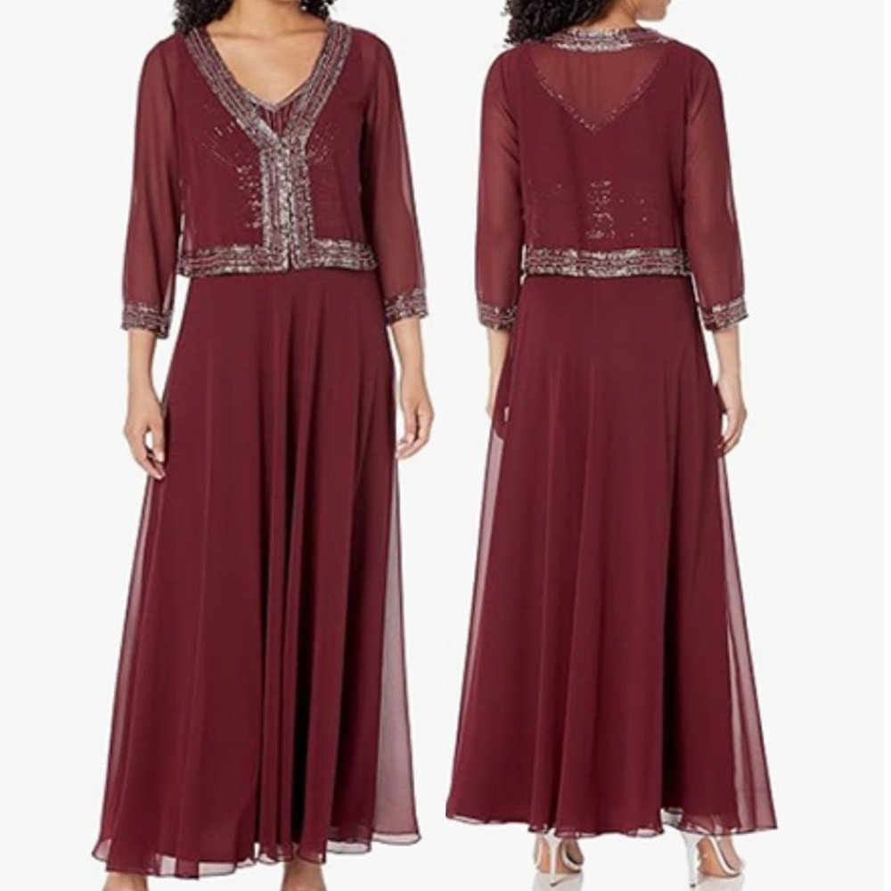 J Kara Women's Beaded Jacket Dress Cranberry Multi Size: 16